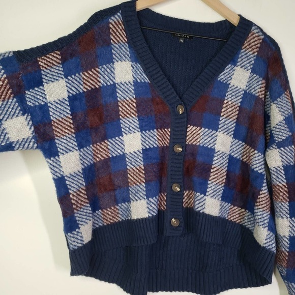 1.‎ State Revolve Button Front Eyelash Cropped Cardigan XL Blue Velvet Burgundy - Picture 2 of 9